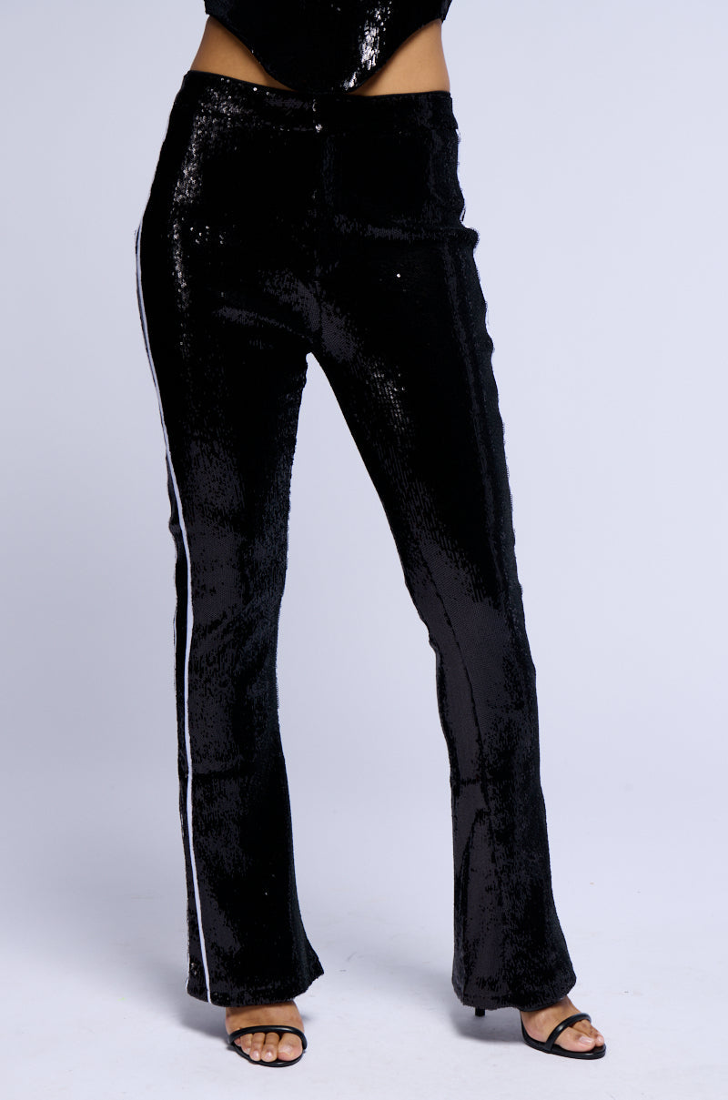 GET DOWN ON IT SEQUIN FLARE TROUSER IN BLACK