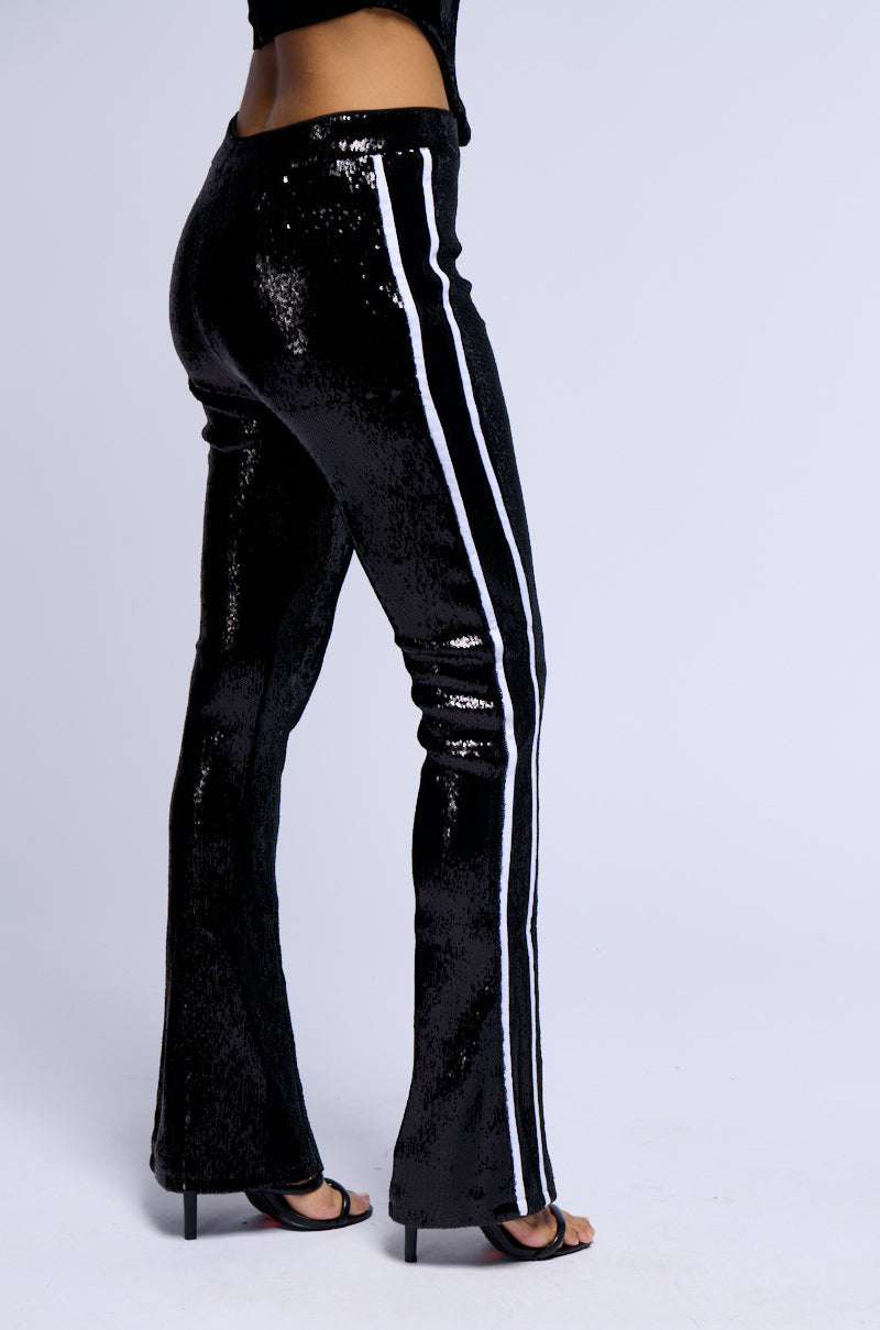 GET DOWN ON IT SEQUIN FLARE TROUSER IN BLACK