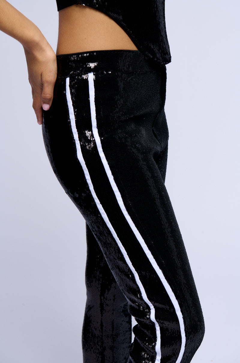 GET DOWN ON IT SEQUIN FLARE TROUSER IN BLACK