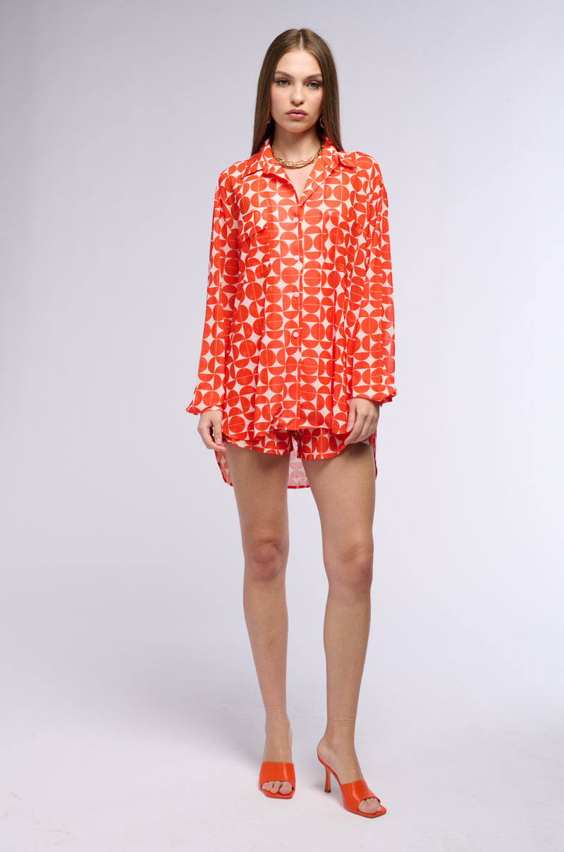 GIVE ME MONEY HONEY PRINTED MESH BUTTON DOWN BLOUSE