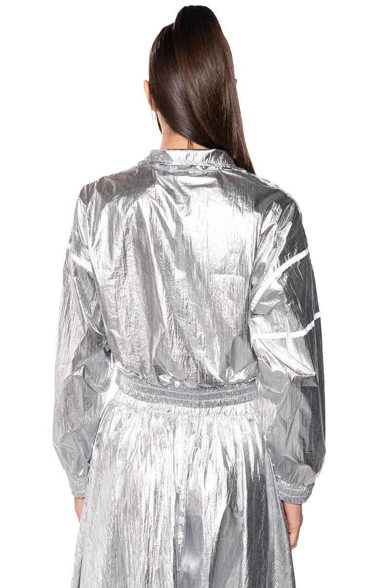 GIVE YOU THE WORLD METALLIC REFLECTIVE BOMBER JACKET