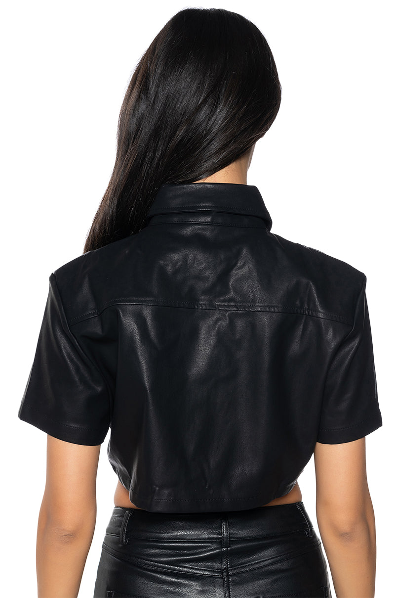 GIVING FACE CROPPED FAUX LEATHER BUTTON DOWN TOP