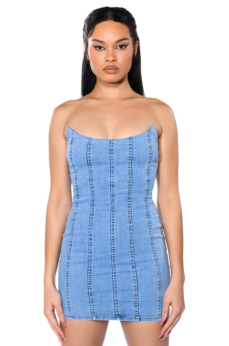 GIVING POPSTAR DENIM MINI DRESS