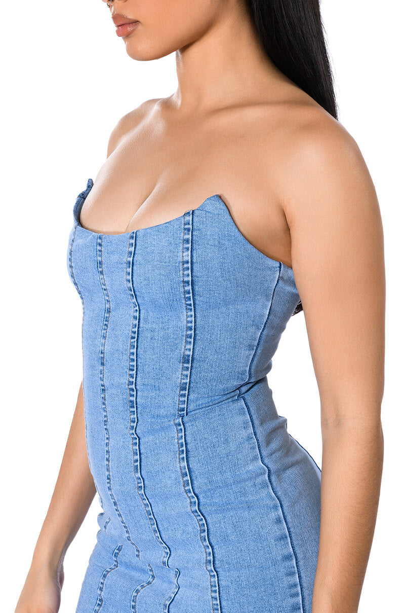 GIVING POPSTAR DENIM MINI DRESS