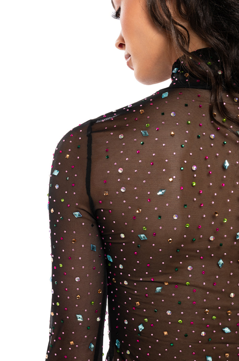 GLITZ AND GLAM LONG SLEEVE EMBELLISHED MESH TOP
