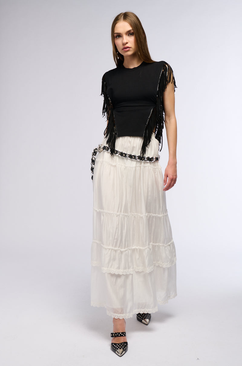 GRUNGE GIRL FAUX LEATHER FRINGE TSHIRT