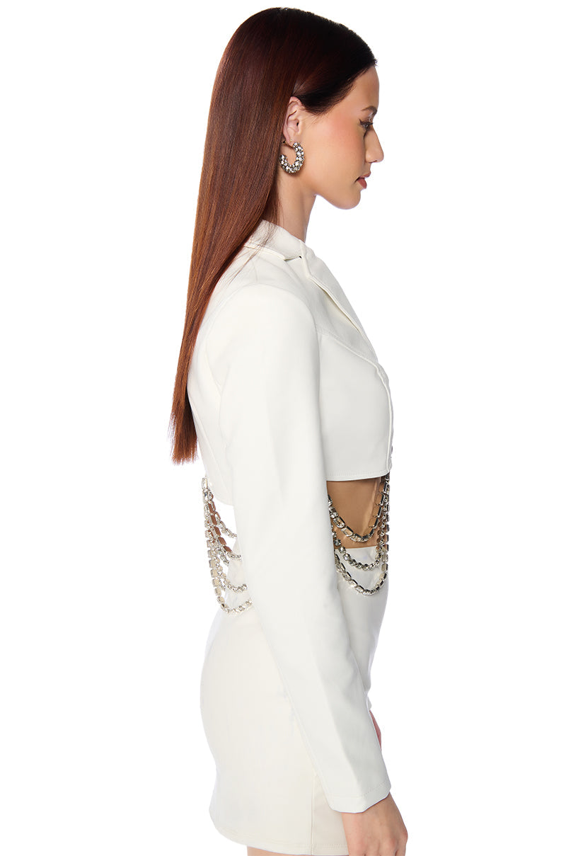 GWEN CROP FAUX LEATHER RHINESTONE MOTO