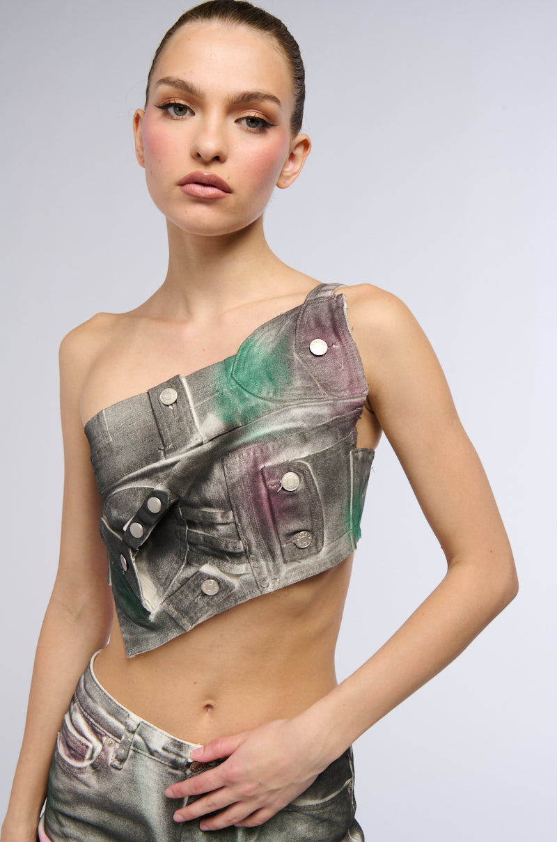 NOT YOURS BRALETTE DETAIL LAYERED PAINTED BUTTON DOWN BLOUSE