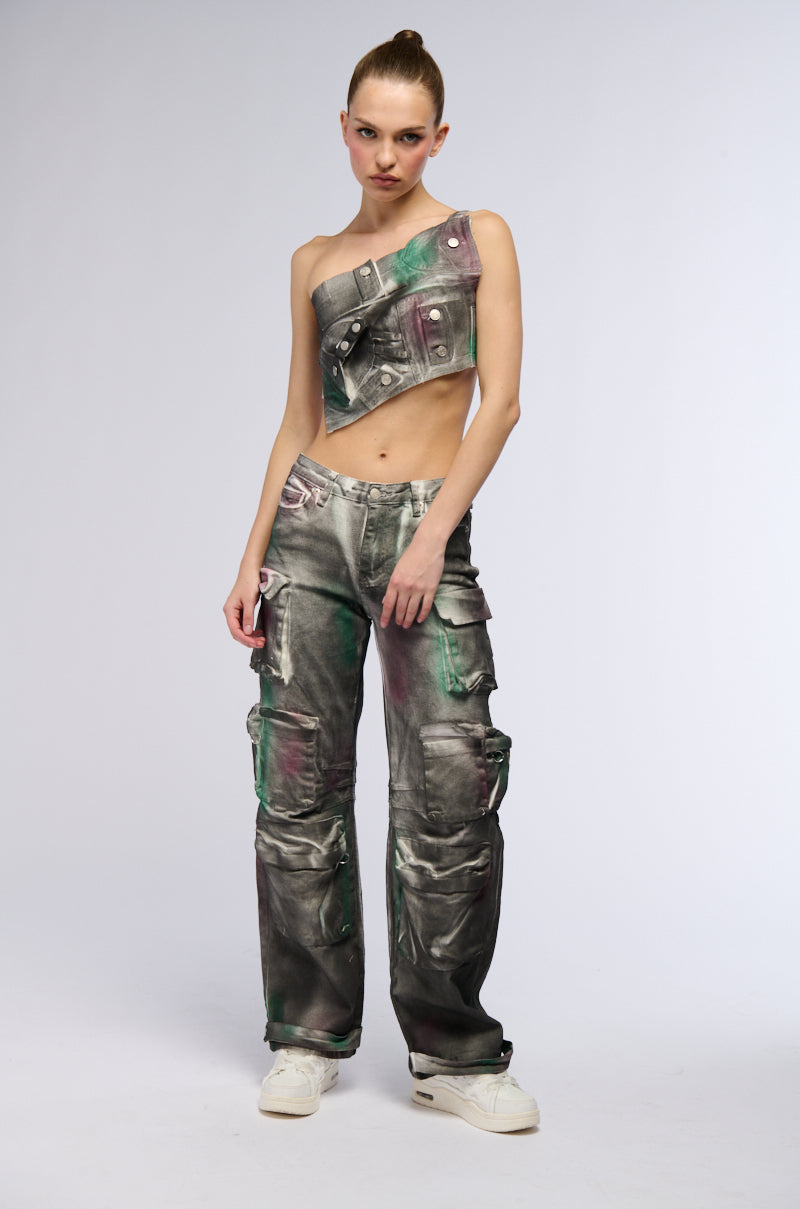 NOT YOURS BRALETTE DETAIL LAYERED PAINTED BUTTON DOWN BLOUSE