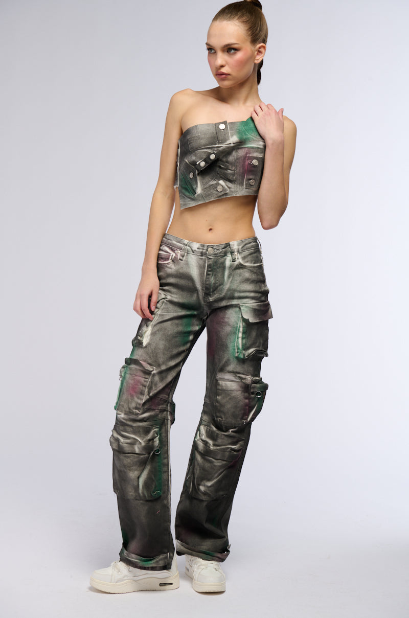 NOT YOURS BRALETTE DETAIL LAYERED PAINTED BUTTON DOWN BLOUSE