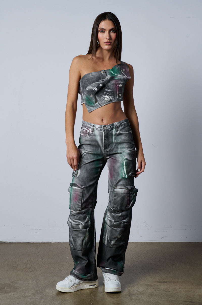 NOT YOURS BRALETTE DETAIL LAYERED PAINTED BUTTON DOWN BLOUSE