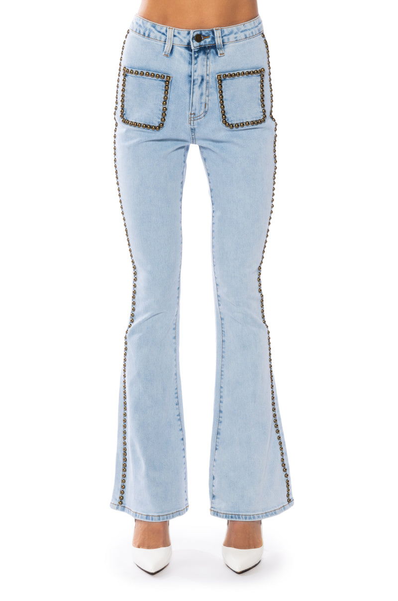 HERE TO STAND OUT EMBELLISHED HIGH RISE FLARE JEANS