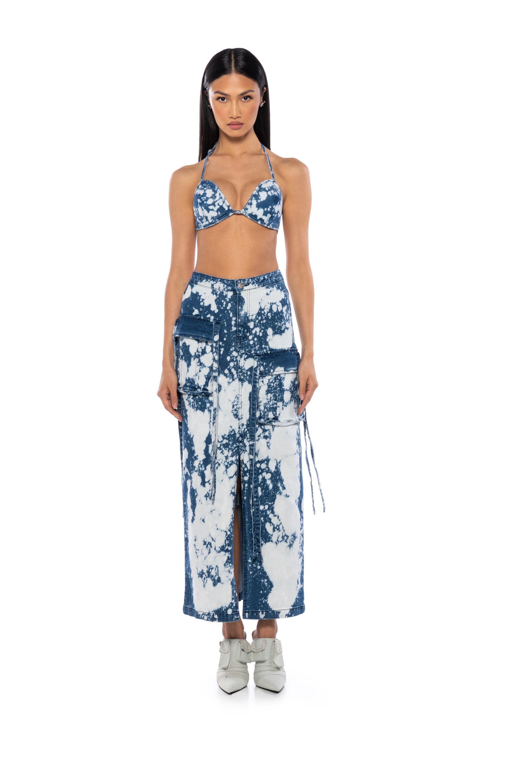 HEY NOW ACID WASH CARGO DENIM MAXI SKIRT