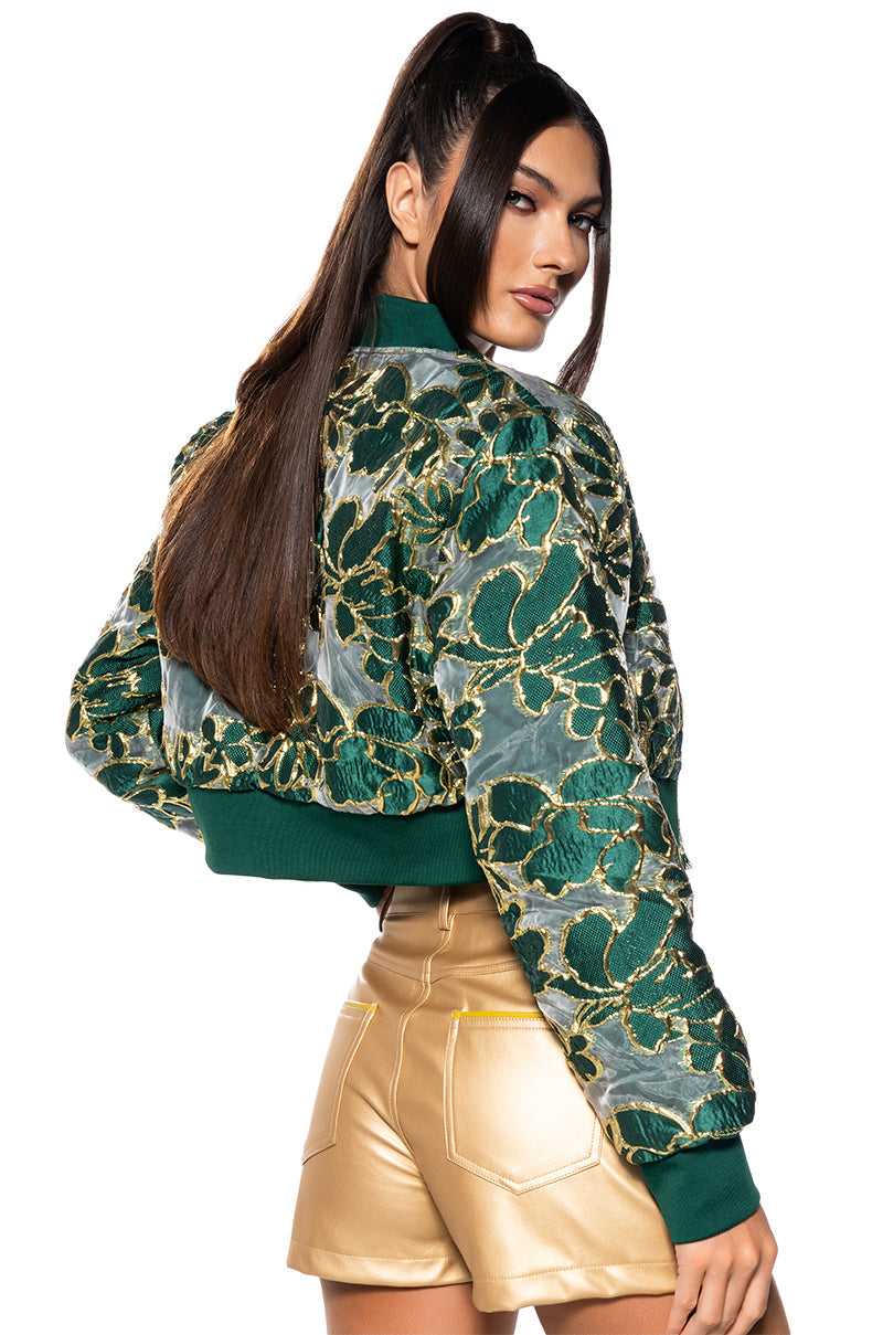 HOLIDAY TAPESTRY\ BOMBER WITH SHEER BROCADE
