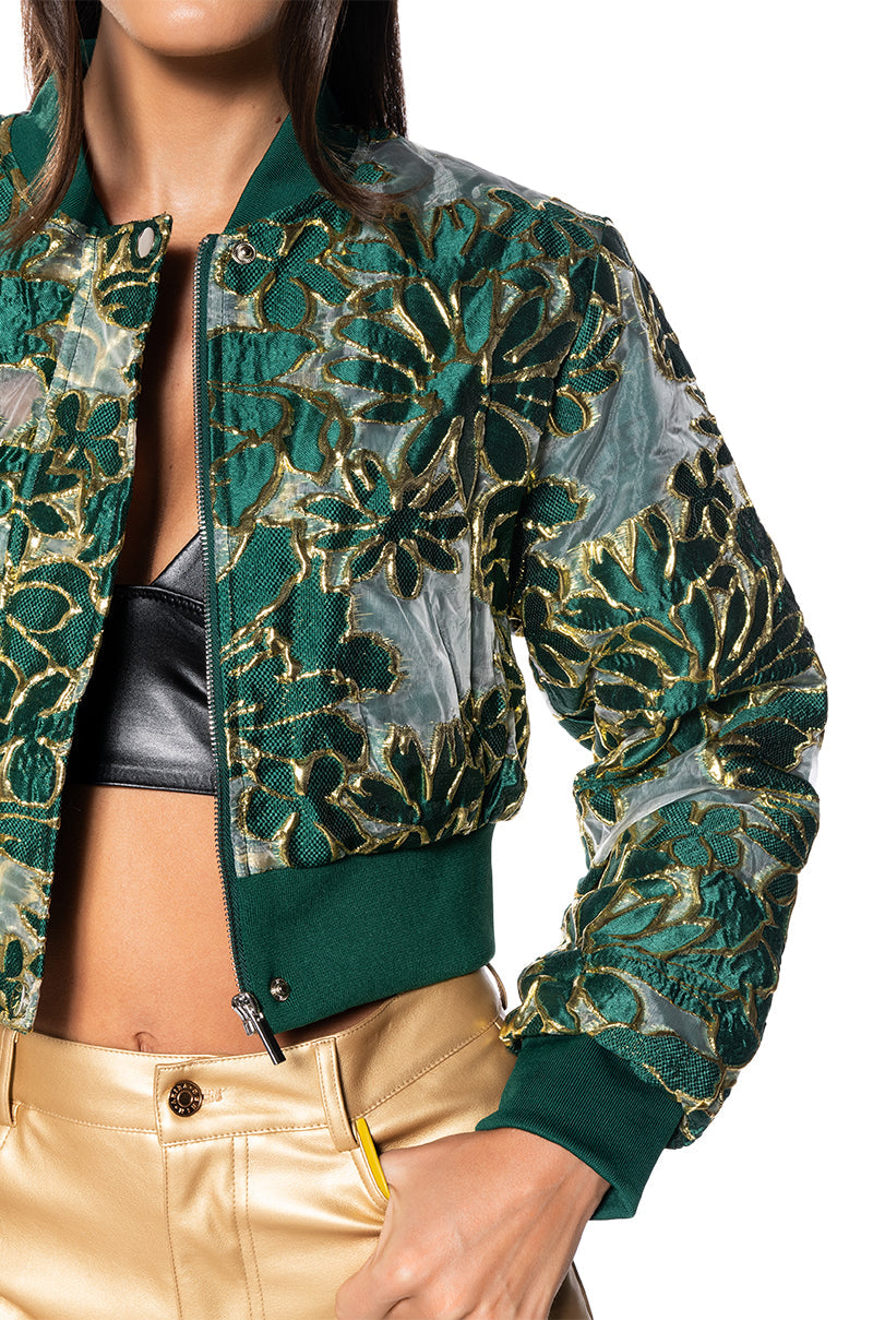 HOLIDAY TAPESTRY\ BOMBER WITH SHEER BROCADE