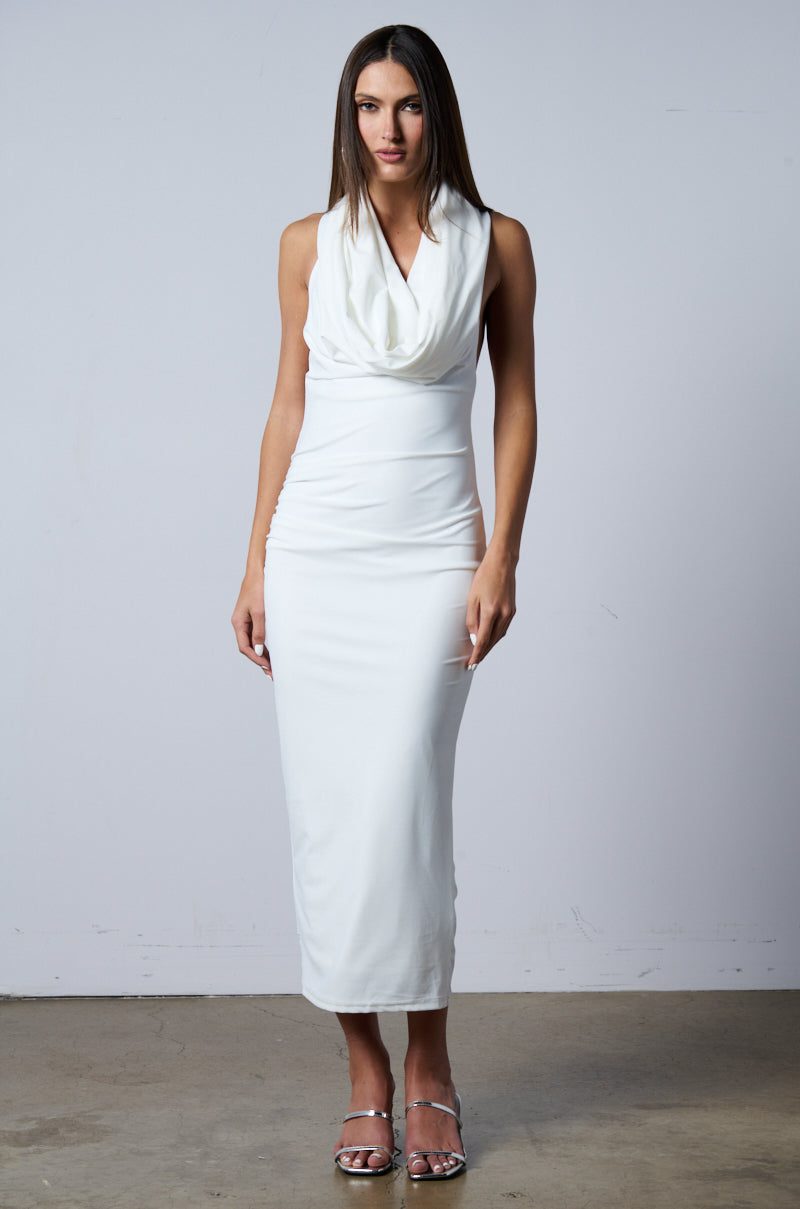HOODED BEAUTY BACKLESS MIDI DRESS IN WHITE
