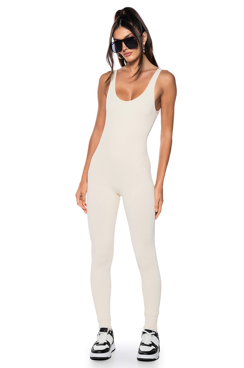 HOT GIRL WALK SLEEVELESS CATSUIT IN CREAM
