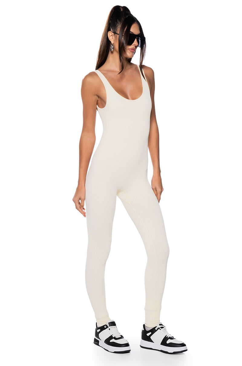 HOT GIRL WALK SLEEVELESS CATSUIT IN CREAM