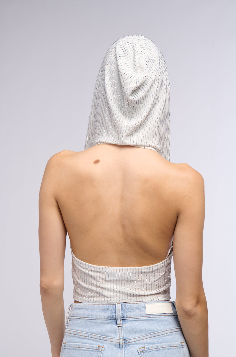 IN THE NAME OF LOVE HOODED RHINESTONE TOP IN WHITE