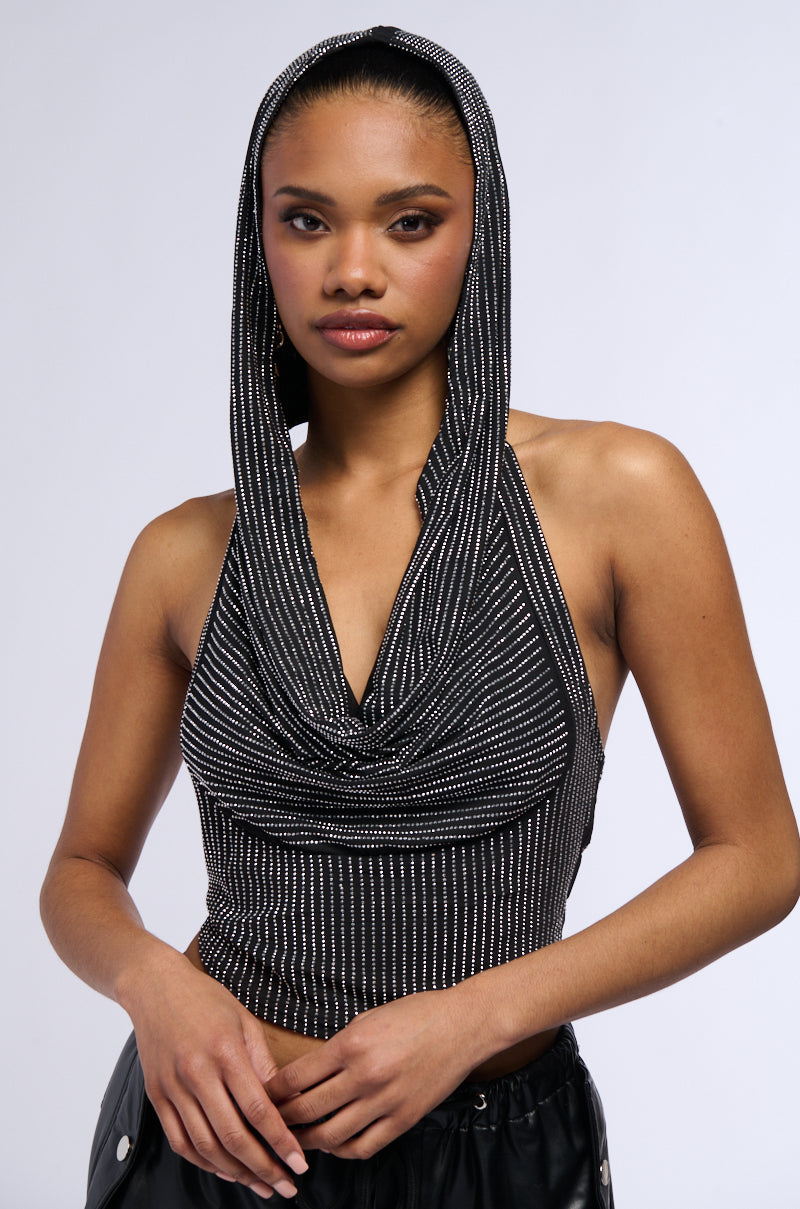 IN THE NAME OF LOVE HOODED RHINESTONE TOP IN BLACK