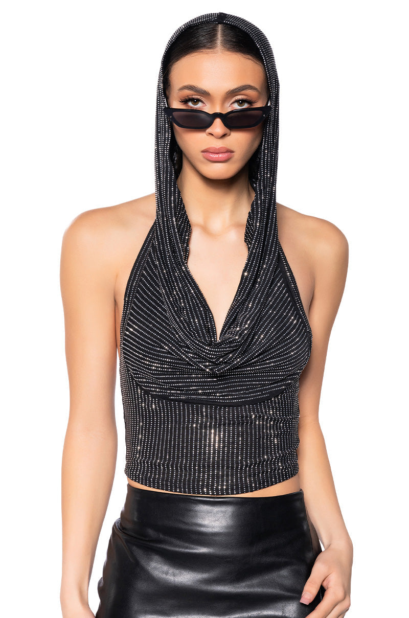 IN THE NAME OF LOVE HOODED RHINESTONE TOP IN BLACK