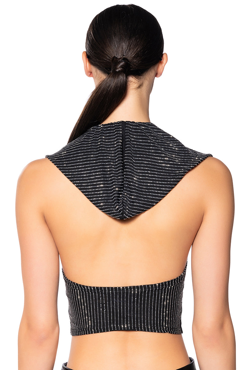 IN THE NAME OF LOVE HOODED RHINESTONE TOP IN BLACK