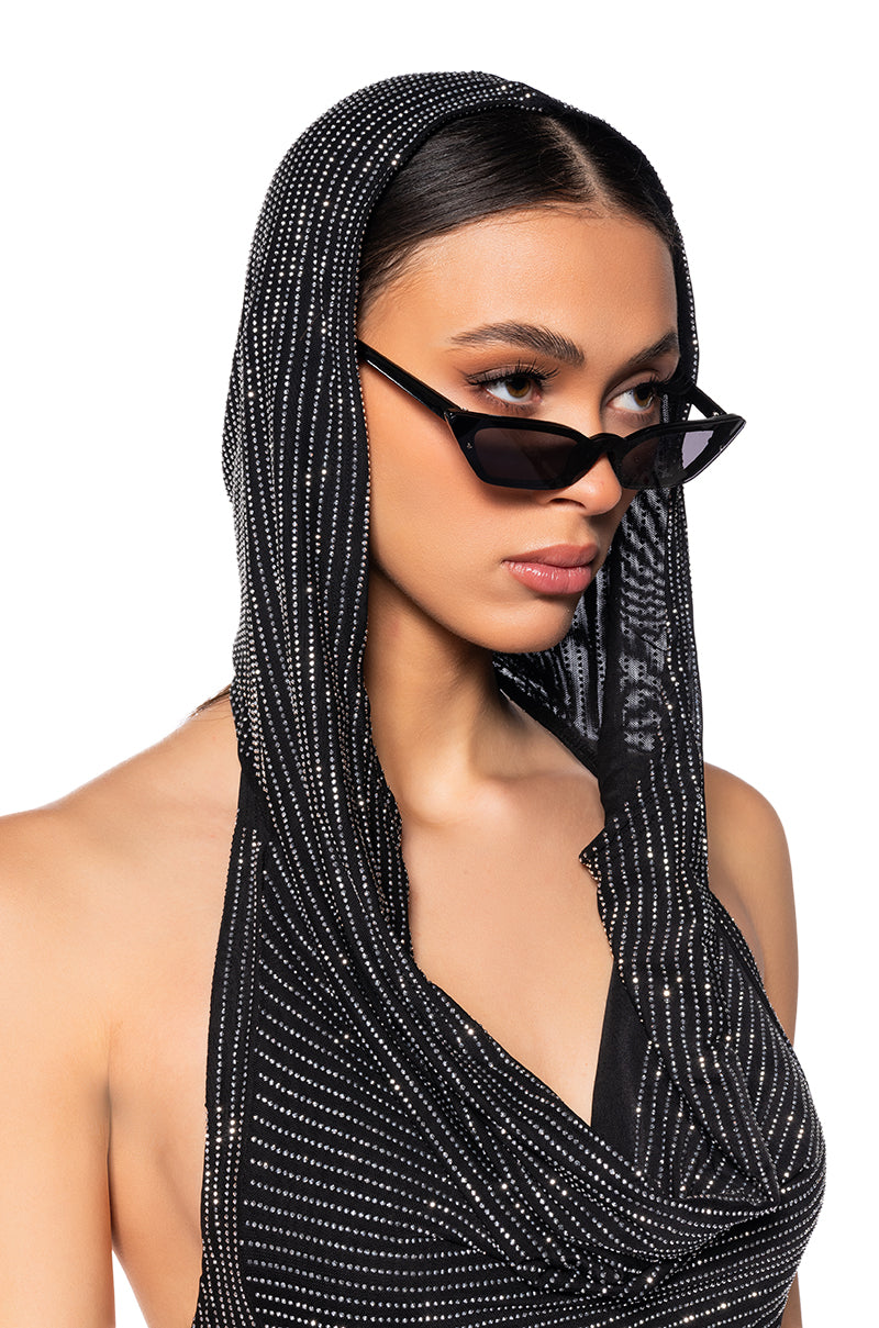 IN THE NAME OF LOVE HOODED RHINESTONE TOP IN BLACK