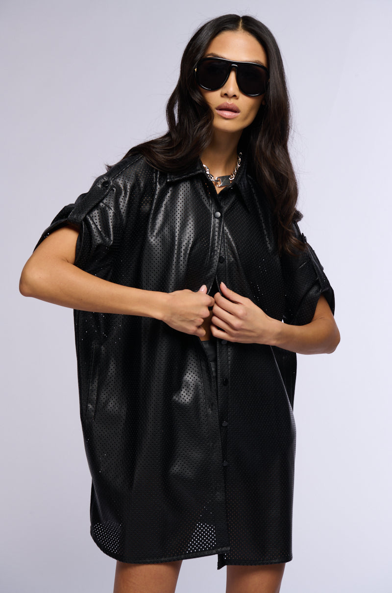 INCOGNITO LASER CUT OUT FAUX LEATHER SHIRT DRESS