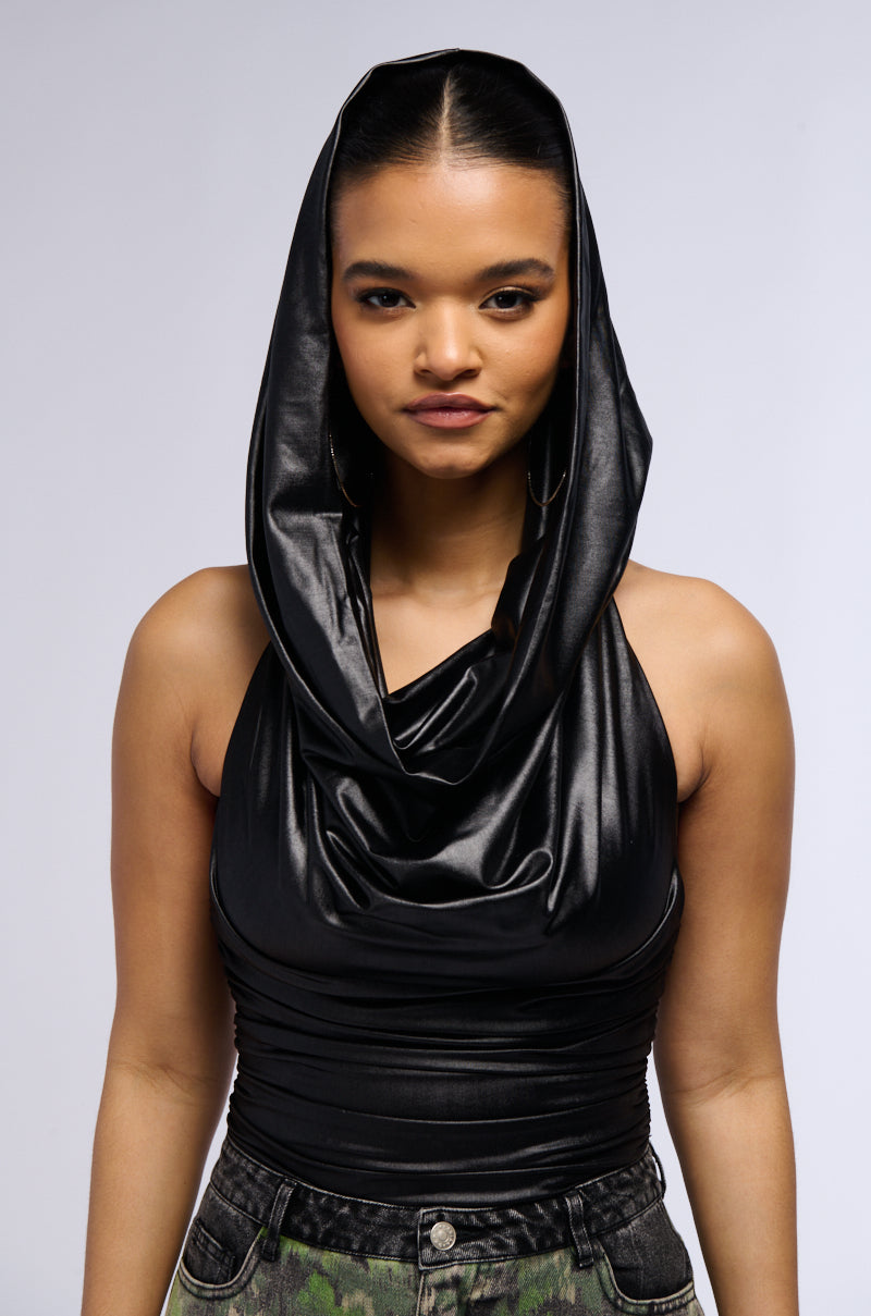 INTO THE NIGHT HOODED SLICK KNIT RUCHED BODYSUIT