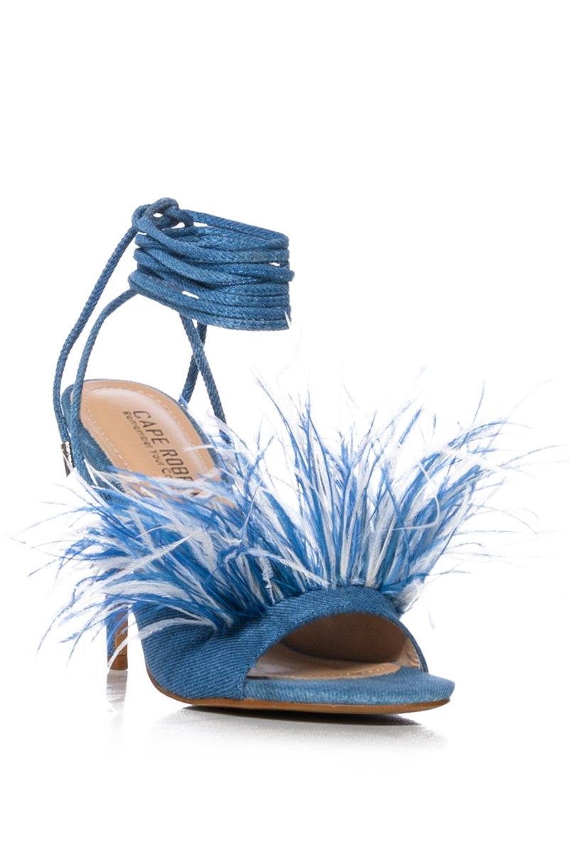 INDIANA MULTI FEATHER DETAIL SANDAL IN BLUE