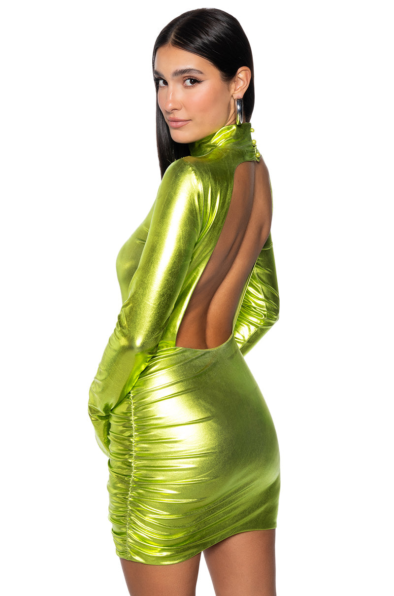 IT GIRL METALLIC MINI DRESS IN GREEN