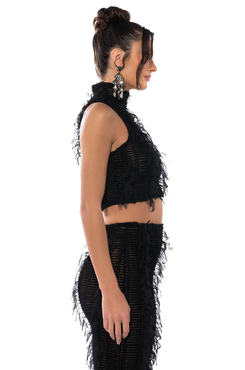 ITS A WRAP MACRAME MESH SLEEVELESS MOCK NECK TOP