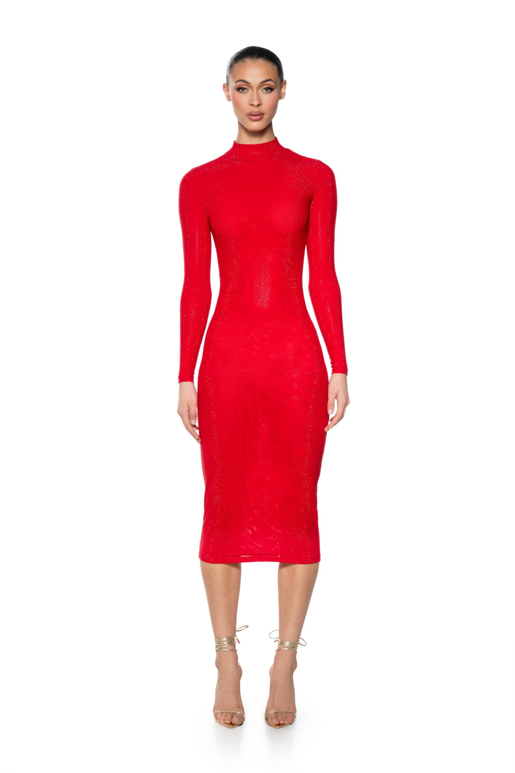 KEEP WALKIN RHINESTONE MIDI DRESS IN RED