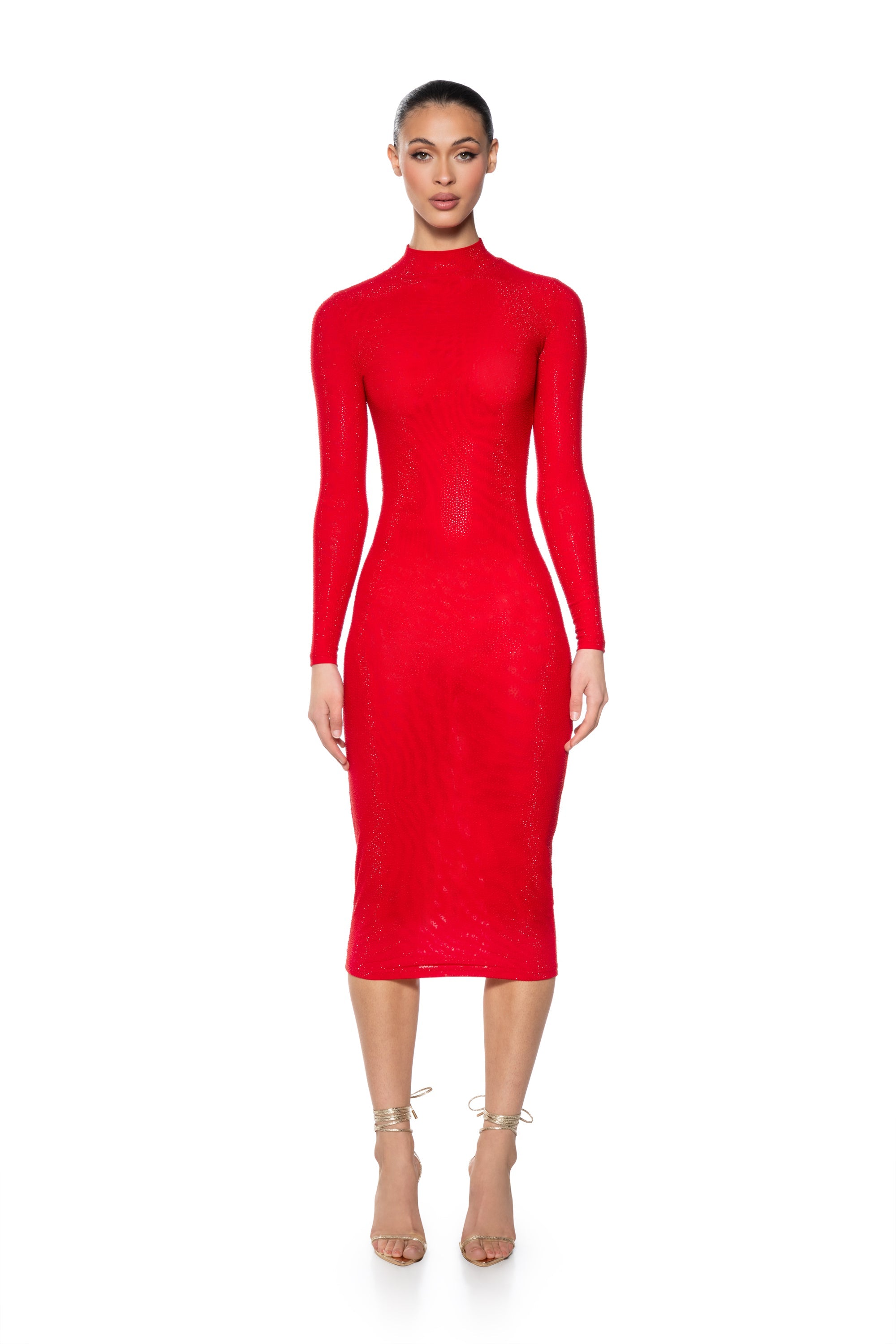 KEEP WALKIN RHINESTONE MIDI DRESS IN RED
