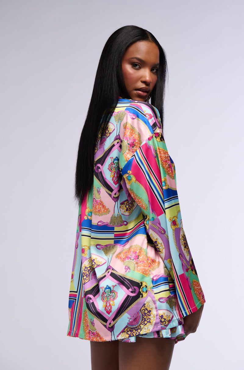 KENNA SCARF PRINT SATIN BUTTON DOWN BLOUSE