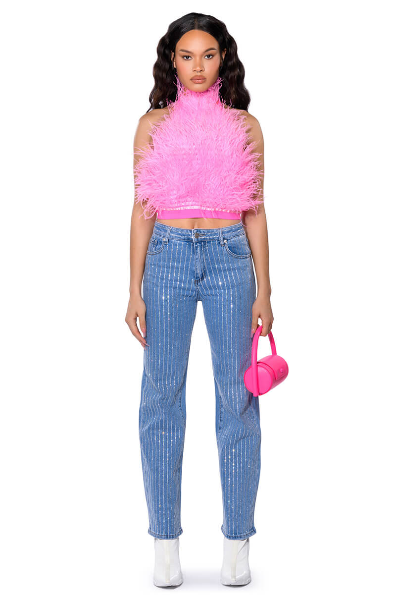 KICK BACK PINSTRIPE RHINESTONE WIDE LEG JEANS