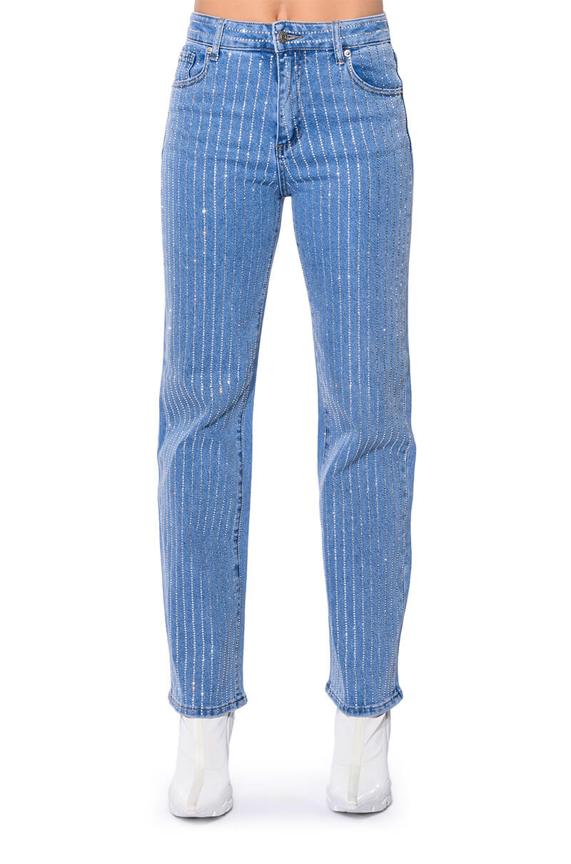 KICK BACK PINSTRIPE RHINESTONE WIDE LEG JEANS