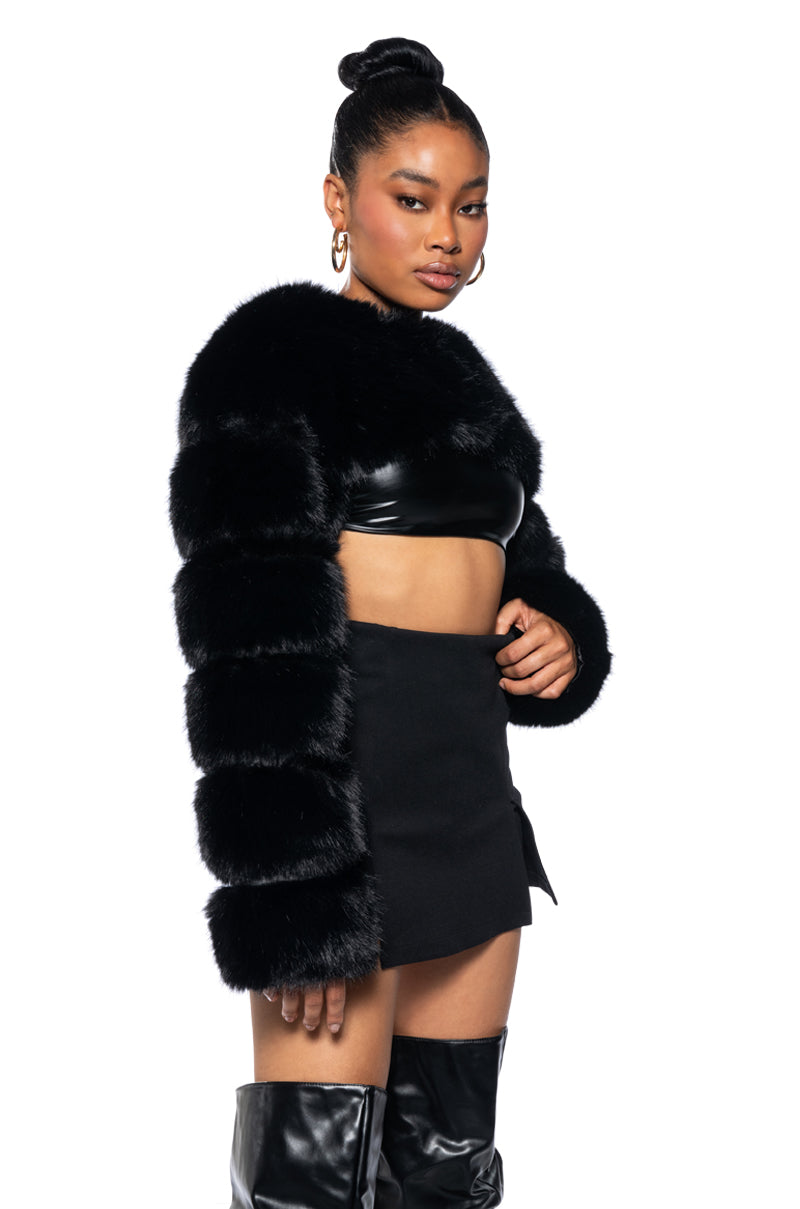 LADIES NIGHT ULTRA CROP FAUX FUR JACKET