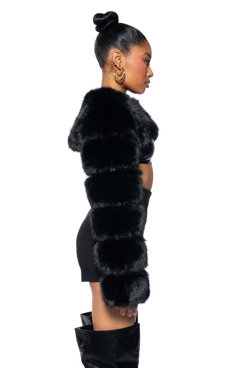 LADIES NIGHT ULTRA CROP FAUX FUR JACKET