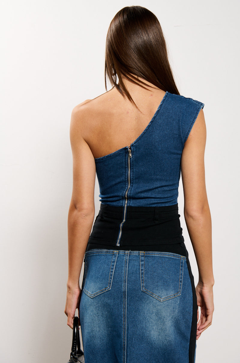 LET IT HAPPEN DENIM ONE SHOULDER TOP
