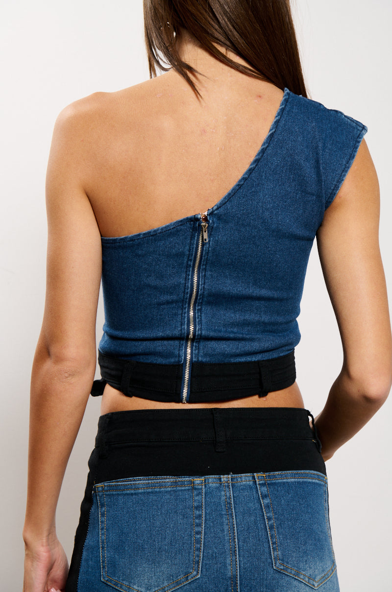 LET IT HAPPEN DENIM ONE SHOULDER TOP