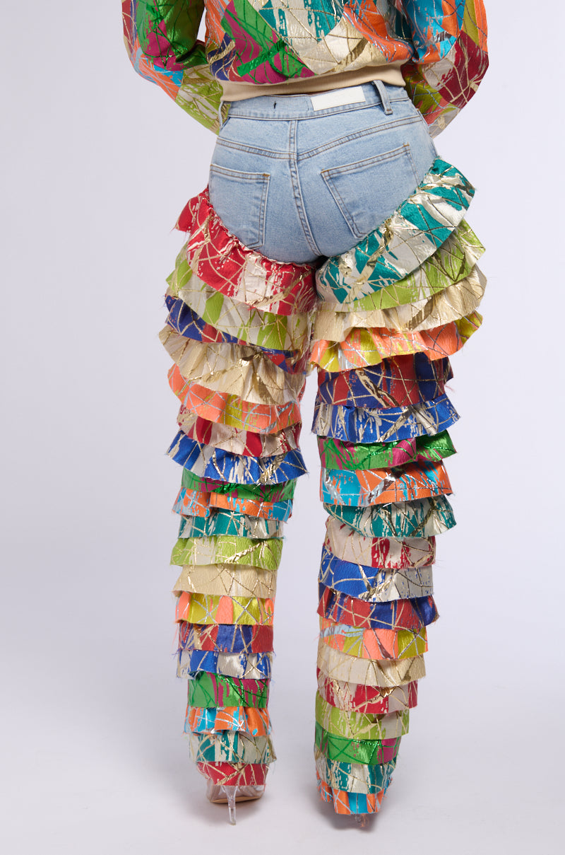 LIFE IS BUT A DREAM BROCADE RUFFLE DENIM JEANS