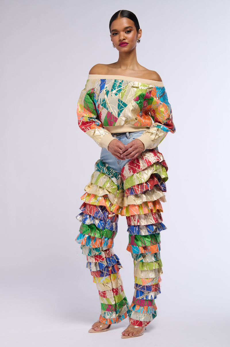 LIFE IS BUT A DREAM BROCADE RUFFLE DENIM JEANS