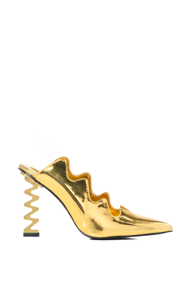 LIGHTNING STRIKE METALLIC SQUIGGLE HEEL PUMP IN GOLD