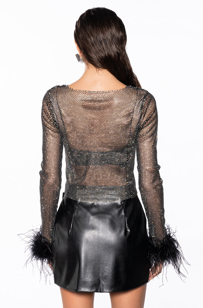 LONG SLEEVE FEATHER CUFF RHINESTONE TOP