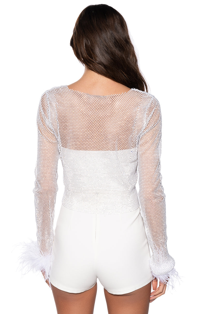 LONG SLEEVE FEATHER CUFF RHINESTONE TOP IN WHITE