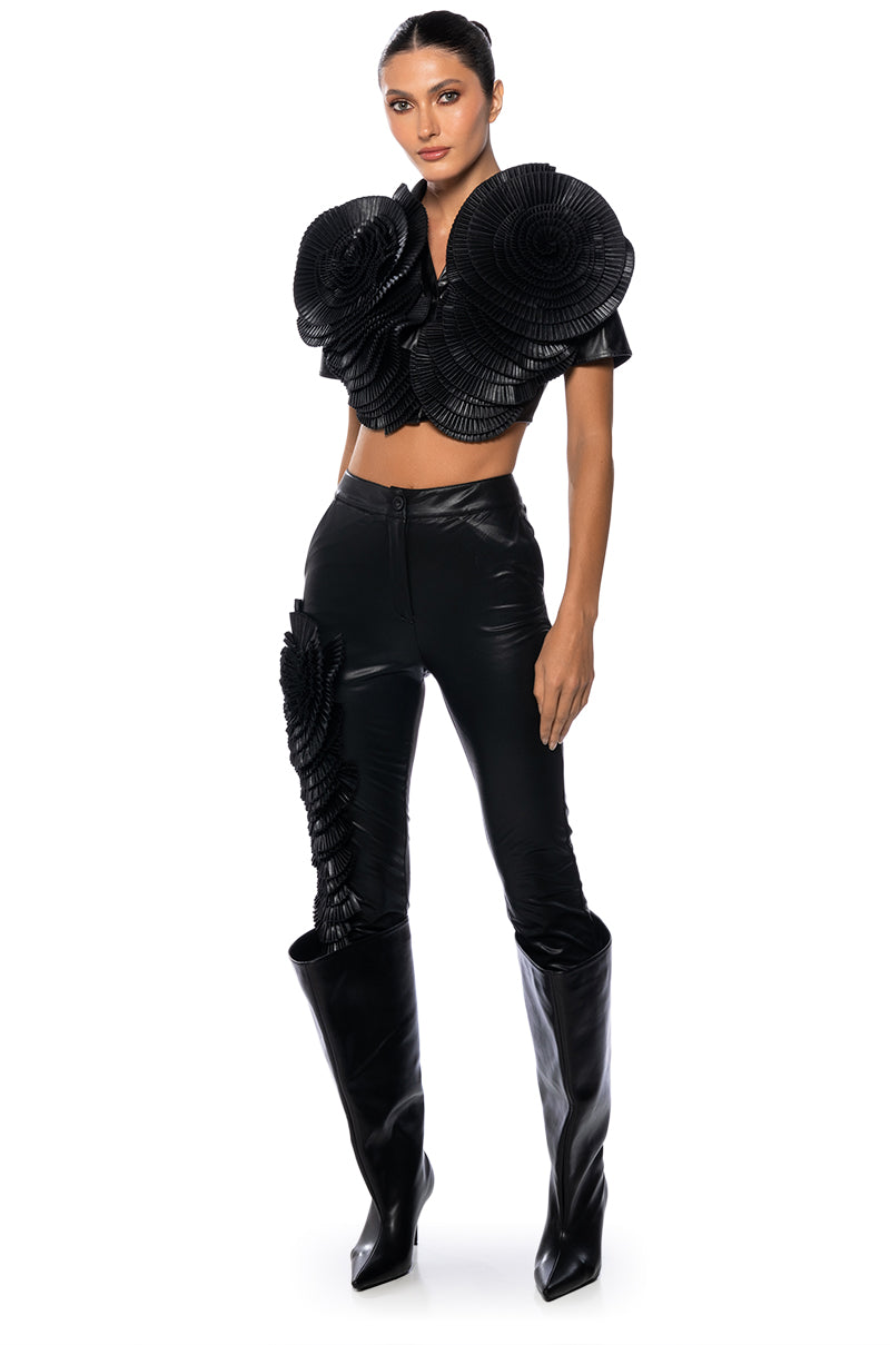 LOTUS FLOWER BOMB FAUX LEATHER FLARE PANT