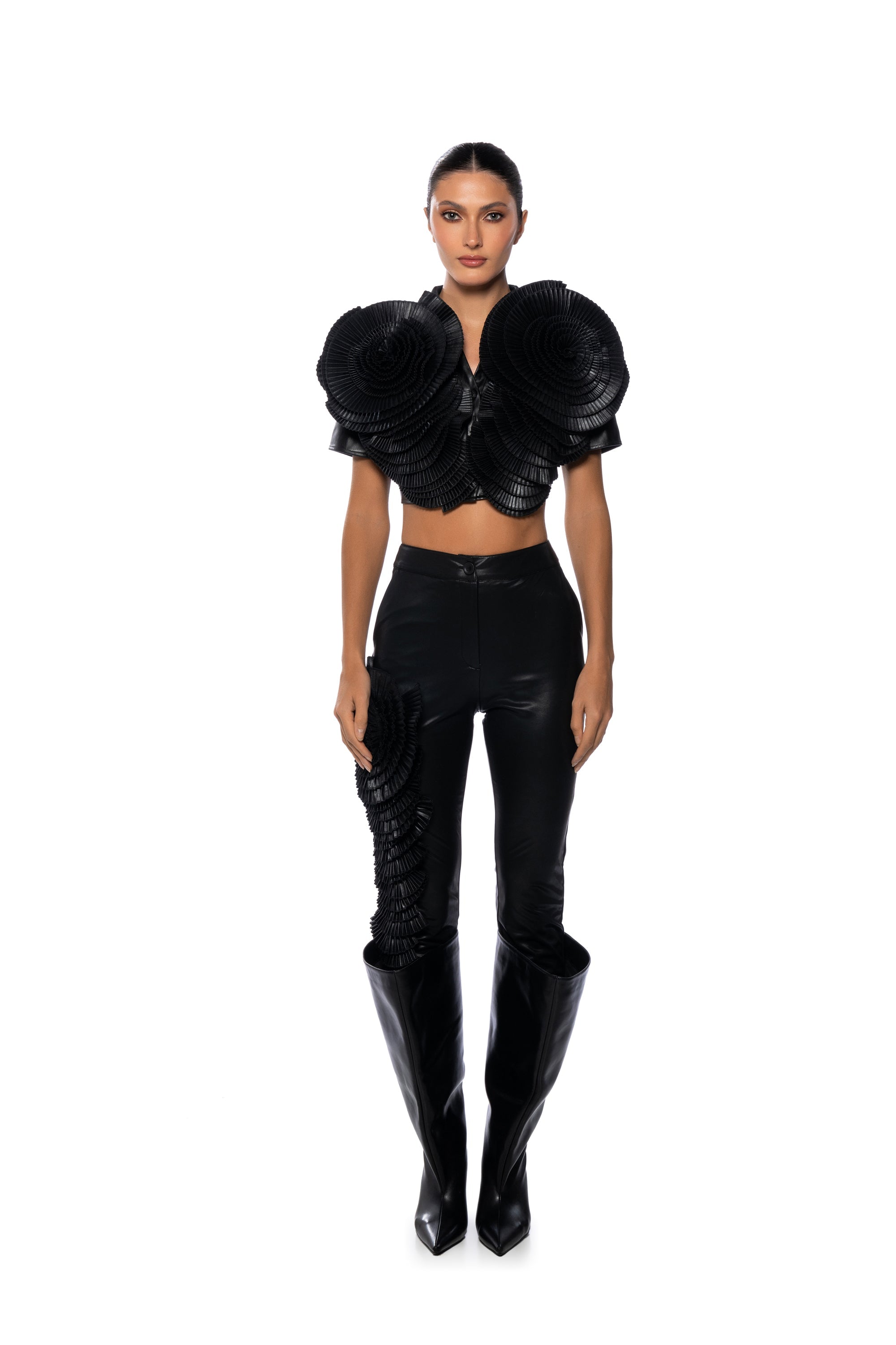 LOTUS FLOWER BOMB FAUX LEATHER FLARE PANT