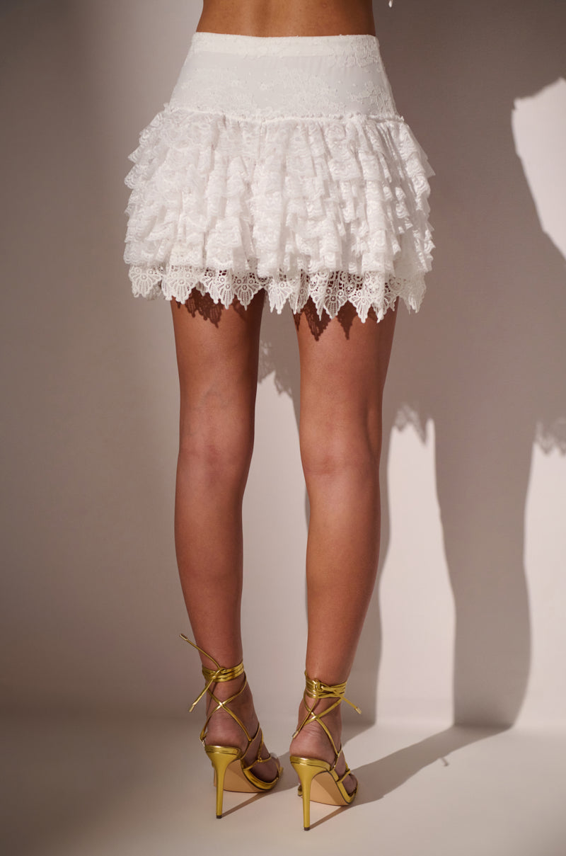 LOVE U ALWAYS RUFFLE MINI SKIRT IN WHITE