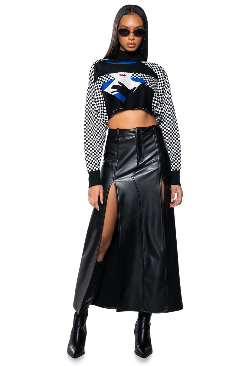 MADEMOISELLE NOIR MOCK NECK CHECKERED KNIT SWEATER